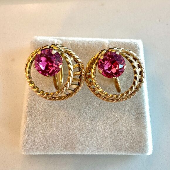 Van Dell Demi-Parure Gold Brooch and Earrings Vintage Set in Gold and Pink - Picture 6 of 12